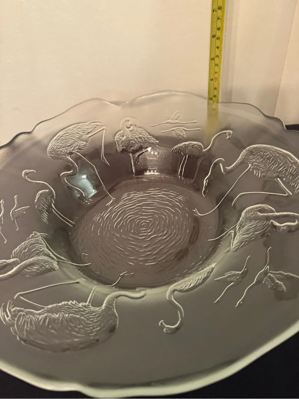 🦩Raised flamingo 🦩 bowl.  French glass 14” scalloped edge.